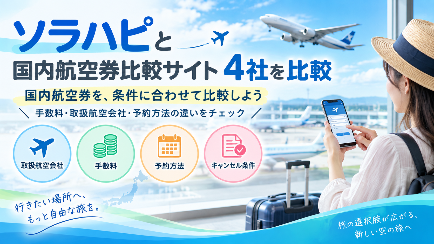 ソラハピと国内航空券比較サイト4社を比較|手数料・取扱航空会社・予約方法の違いを解説